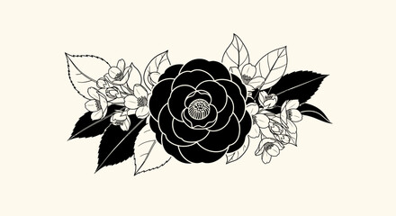 Elegant black camellia flower illustration with delicate white blossoms and leaves.