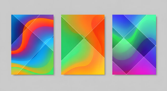 Collection of vibrant fluid gradient backgrounds with geometric line overlays, a modern abstract design concept for digital media