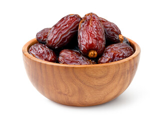 Dates fruit in wooden bowl isolated on white.