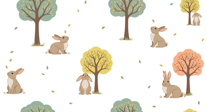 Seamless pattern featuring cute cartoon rabbits playing among stylized autumn trees with scattered leaves on a white background.