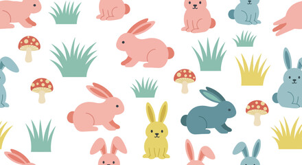 Fototapeta premium A whimsical pattern featuring a collection of adorable cartoon rabbits in various pastel colors, interspersed with stylized green grass tufts and charming red-capped mushrooms.