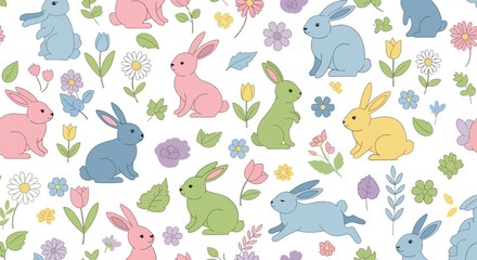 A charming pastel-colored seamless pattern featuring adorable cartoon bunnies in various poses amidst a delightful arrangement of blooming spring flowers and delicate leaves.