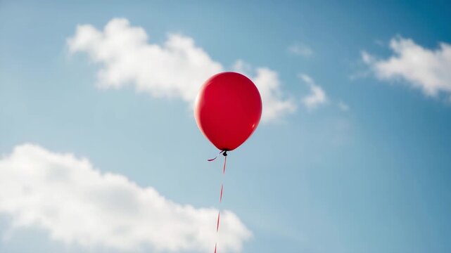 Photorealistic red balloon flying away into the blue sky with clouds - a symbol of joy, lightness and freedom, a minimalistic metaphor