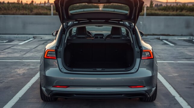 Modern gray electric car with open trunk in parking lot