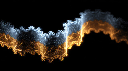 Glowing textile fragment with lace inspired details abstract fractal pattern wavy line blue and gold color digital art intricate texture illuminated modern design