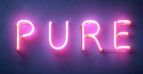 Bright pink neon sign spells PURE against textured dark purple wall. Simple, modern aesthetic. Bold lettering creates strong visual impact.