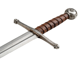 Close-up of a medieval-style sword hilt and blade.  The sword's  crossguard is prominent,  with a decorative,  silver-toned finish. 