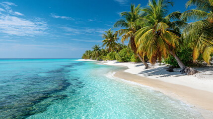 Fototapeta premium tropical beach with white sand, turquoise water, palm trees swaying in the wind, bright sunny day, vacation paradise