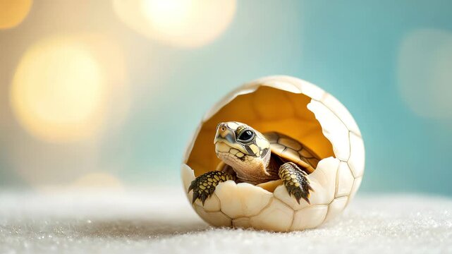 Baby turtle in an egg shell in cute minimalist style on a soft pastel background