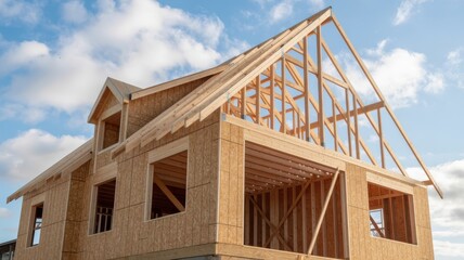 Obraz premium New house construction with wooden frame and blue sky in the background