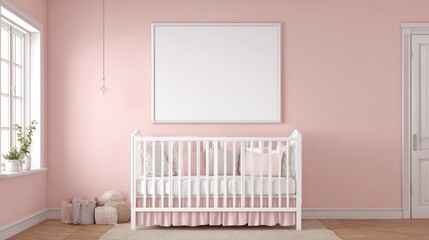 Mockup frame of a bright pink nursery bedroom with a white crib