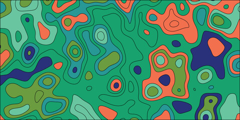 Vibrant Abstract Organic Shapes Pattern With Green Blue and Coral Colors And Black Outlines vector illustration