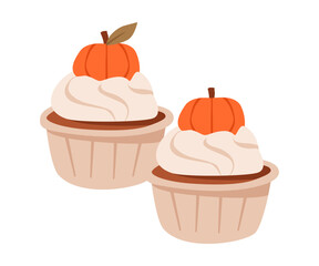 Pumpkin cupcake with cream. Autumn dessert. Cozy fall muffin. Flat vector illustration.