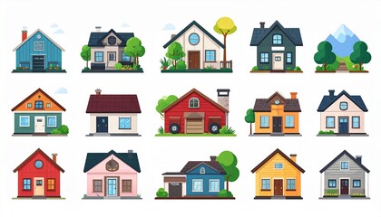 Collection of twenty-four illustrated houses with unique architectural styles colors and design elements arranged in grid format for home design urban planning and creative visuals