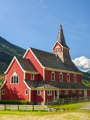 Old Church, in Olden, Norway. It is typical of Norwegian wooden churches