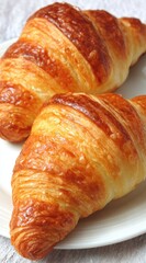 Two golden croissants, flaky and buttery, are elegantly displayed on a white plate against a textured fabric background, inviting indulgence