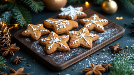Festive star-shaped gingerbread cookies decorated with white icing, sprinkled with star anise and cinnamon, embodying holiday warmth and cheer