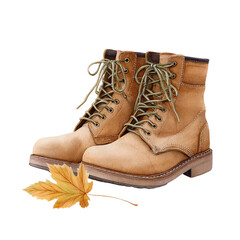 Rugged Boot and Fallen Leaf: A close-up shot showcases a pair of durable, tan-colored boots, their laces neatly tied.