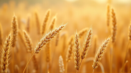 Fototapeta premium Golden wheat field at sunset showcasing agriculture and the beauty of nature