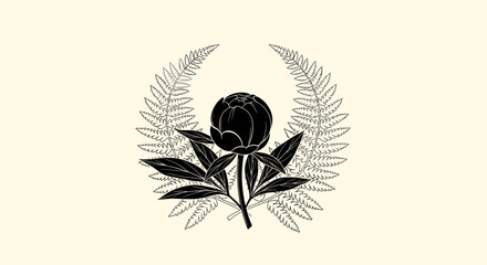 Stylized dark flower bud with botanical fern illustration.