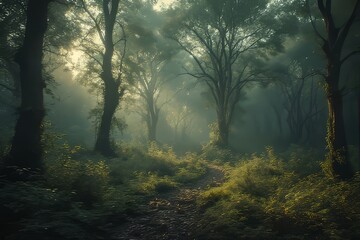 Fototapeta premium Misty Forest Path with Trees
