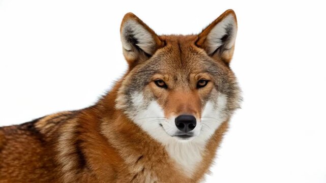 a Red Wolf with a reddish-brown fur coat, white underbelly, and alert brown eyes, set against a stark white background