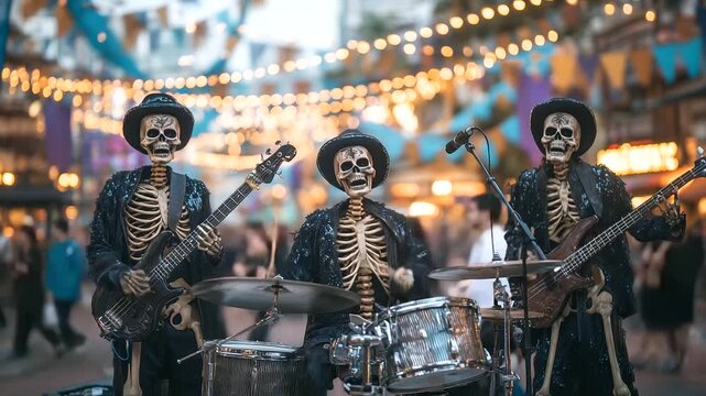 Skeleton band playing music at Halloween festival stage halloween, skeleton band, music, festival, stage, concert, spooky, eerie, festive, october, autumn, seasonal, ente