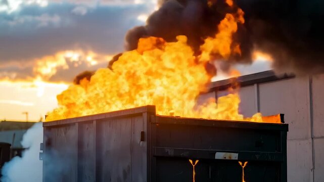 Fiery dumpster blaze at sunset (1)