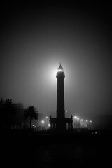 A solitary lighthouse piercing through a heavy fog, standing tall against the darkness, casting an eerie and captivating silhouette