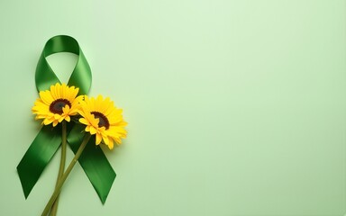 Hidden disability, Invisible Disability Awareness Week background. Yellow sunflowers and green satin ribbons on light green background. High quality