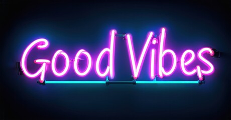 Bright neon sign displays Good Vibes. Pink lettering contrasts with cyan backing. Dark background enhances luminosity, creating vibrant aesthetic.