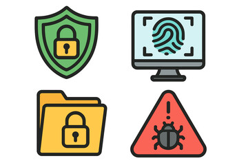 Cyber security icon set. Data protection, privacy, and antivirus concepts. Fingerprint scan for biometric authentication. Malware, bug, and virus warning sign. Vector icons.