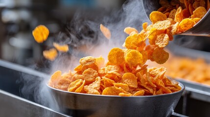 Breakfast cereal production process featuring corn flakes in a manufacturing plant