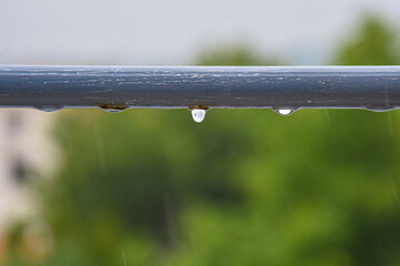 Raindrops on a metallic blue-gray handrail with blurred green foliage view