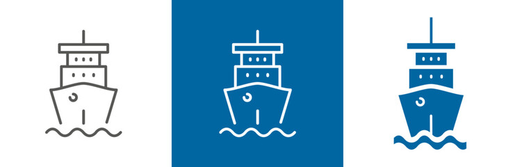 flat and linear set icons, ship icon, cruise on marine vessel, sea journey, silhouette boat, simple symbols on white and black background - editable stroke vector illustration