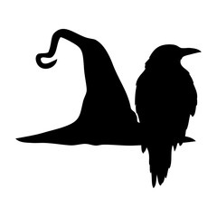 Logo con silueta de cuervo negro en sombrero de bruja para su uso en invitaciones y tarjetas de Halloween © teracreonte