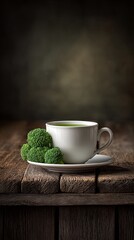 A serene presentation of green tea served in a white cup, accompanied by fresh broccoli on a rustic wooden table.