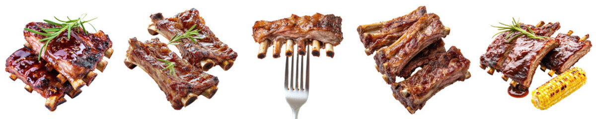 Set of fried lamb ribs isolated on transparent background PNG