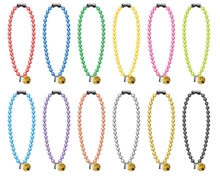 鈴付きボールチェーンのベクターアイコンセット｜カラフルでシンプルな金具パーツイラスト(Colorful Vector Icon Set of Ball Chains with Bells｜Simple Metal Parts Illustration)