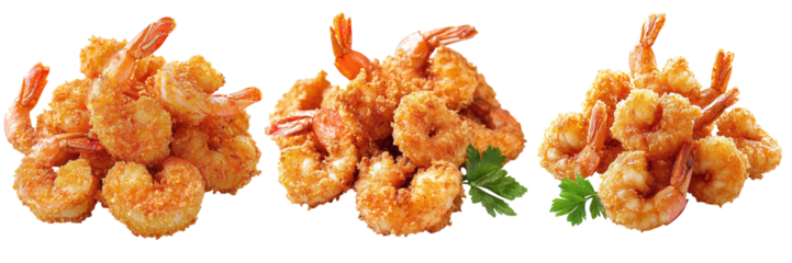 Set of fried shrimp in breading isolated on transparent background PNG