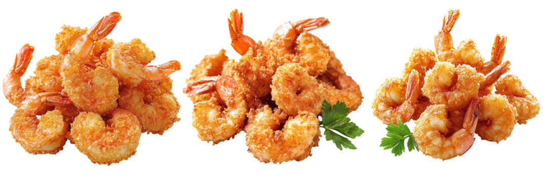 Set of fried shrimp in breading isolated on transparent background PNG