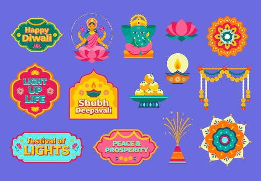 Colorful Diwali Sticker Set of Diyas, Mandalas, Firecrackers & Hindu Deities for Indian Festivals
