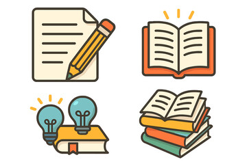 Education and literature icon set. Vector cartoon illustration in flat design. Concepts for writing, reading, learning, knowledge, creative ideas, school, and study materials.