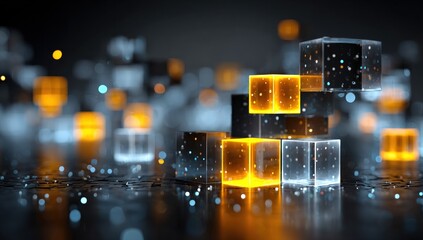 Glowing translucent cubes stacked, bokeh background with small particles