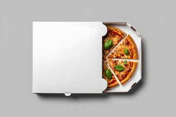 Blank White Pizza Box Mockup with Pizza Slices on solid background 