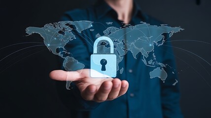 Person holds a glowing digital padlock overlayed on a world map emphasizing global cybersecurity and data protection concepts