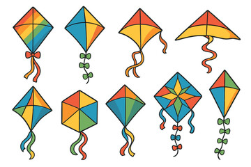 Colorful kite collection. Vector cartoon illustration set. Various shapes for summer outdoor activity, fun and festivals. Childhood toy hobby concept. Isolated on white background.