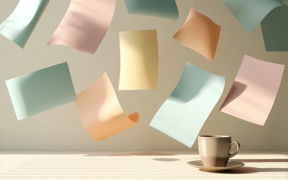 Minimalist workspace with floating documents and coffee cup in pastel tones, remote work concept, creative office background, productivity inspiration