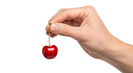 Tangan memegang buah ceri matang dengan latar belakang putih