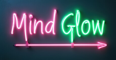Obraz premium Bright neon sign displays Mind Glow. Pink, green hues create vibrant visual impact against dark background. Modern aesthetic.